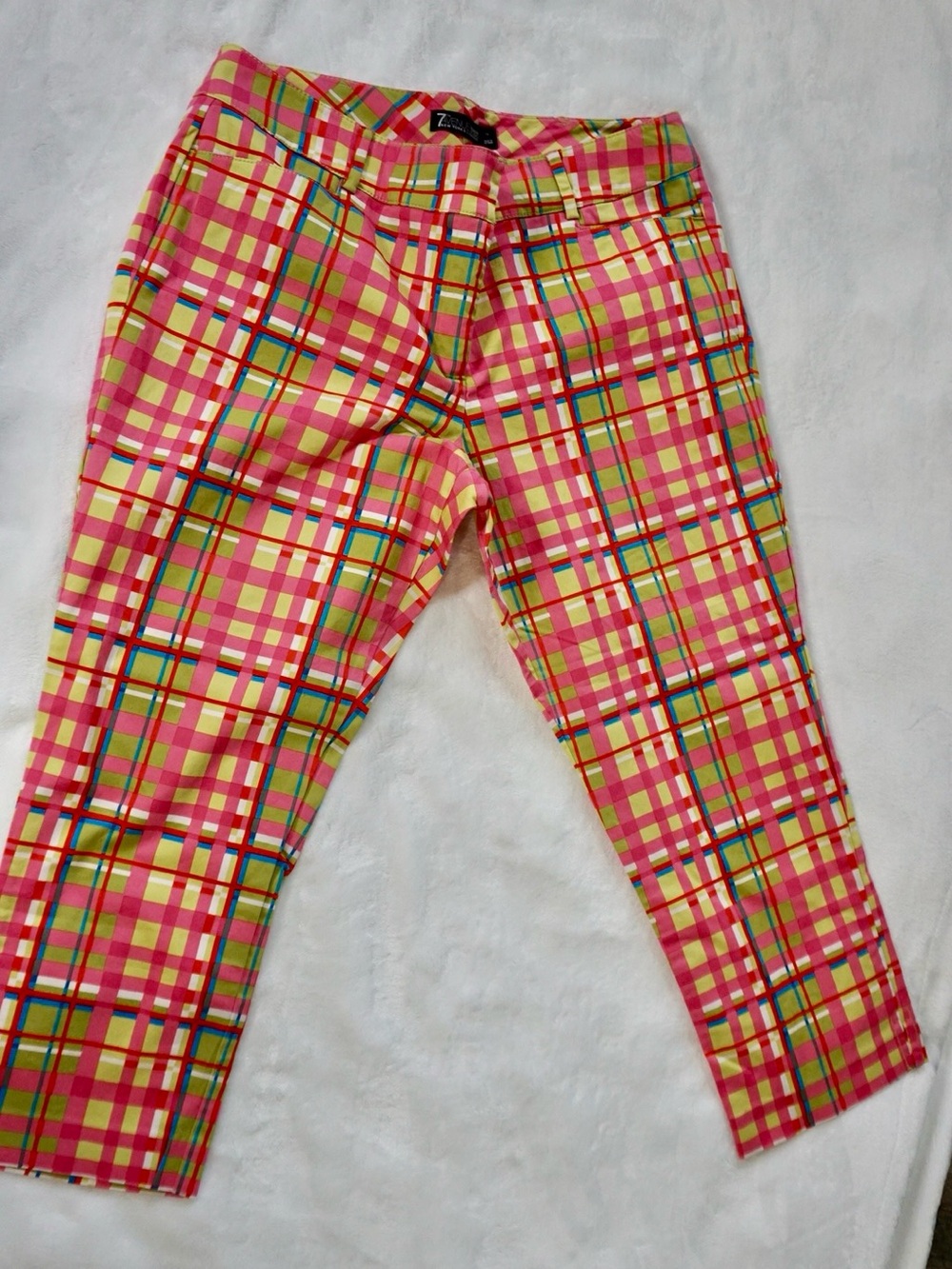 Women's Pink Plaid Capris - Bright Multi-Color Pattern